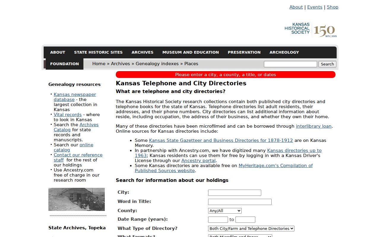 Kansas Historical Society Kansas City directory catalog search