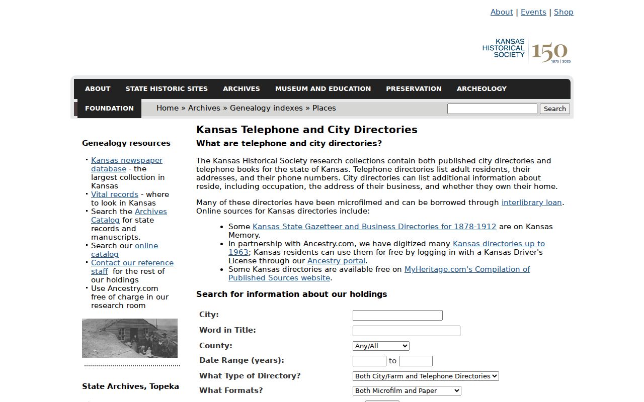 Kansas Historical Society telephone and city directory overview