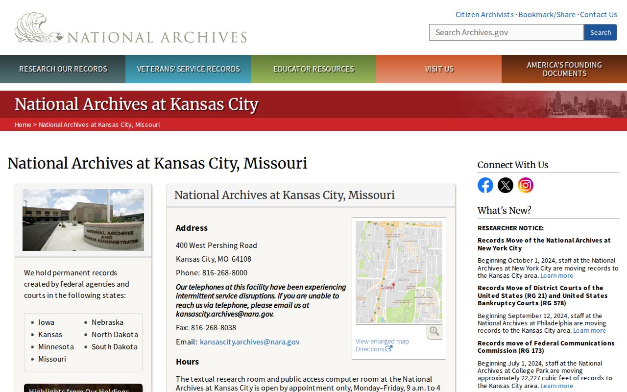 National Archives at Kansas City research facility page