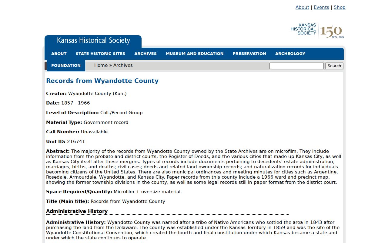 Kansas Historical Society Wyandotte County archival records guide