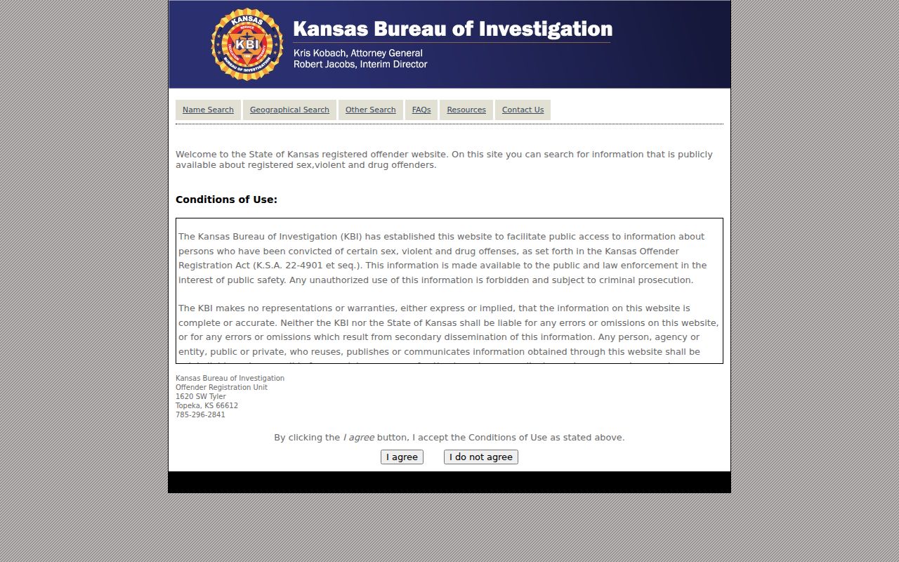 Kansas Bureau of Investigation registered offender information page