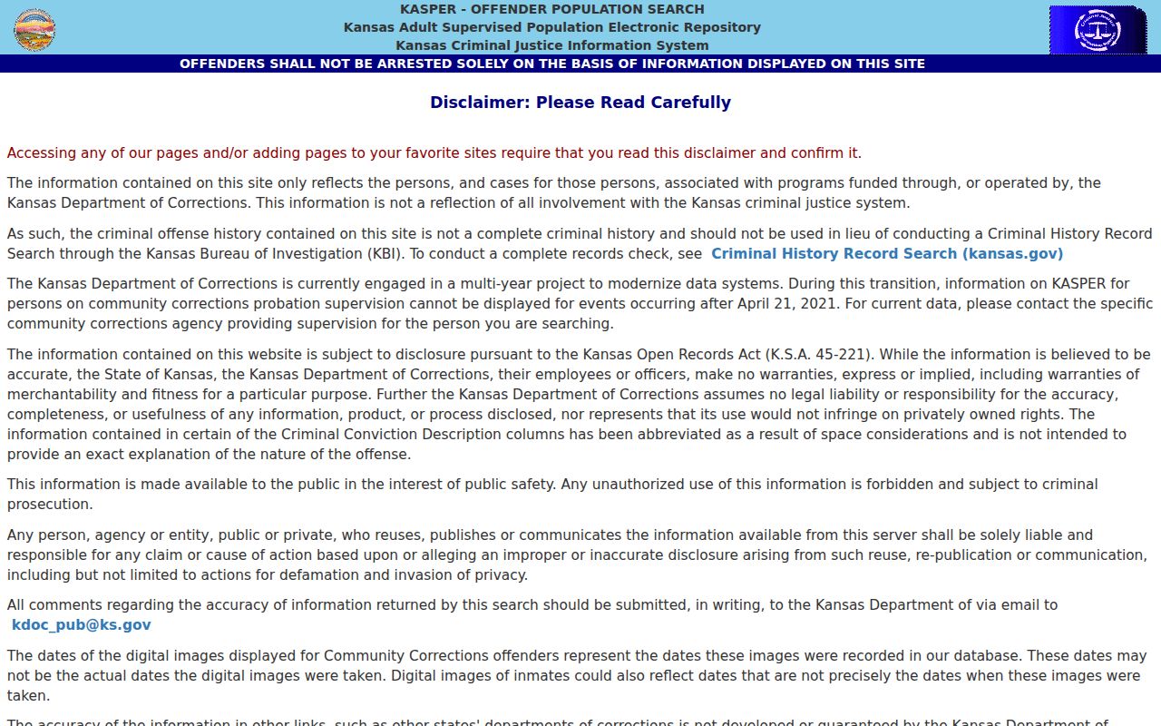 Kansas KASPER disclaimer for careful Kansas City resident record verification